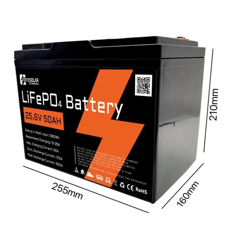 FOYASOLAR LiFePO4 25.6V 50Ah Rechargeable Deep Cycle Battery Pack