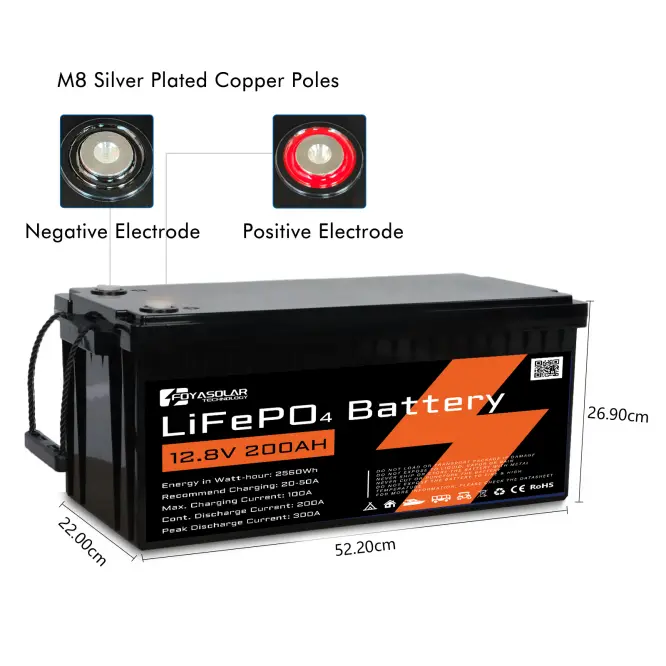 FOYASOLAR LiFePO4 12.8V 200Ah Rechargeable Deep Cycle Battery Pack